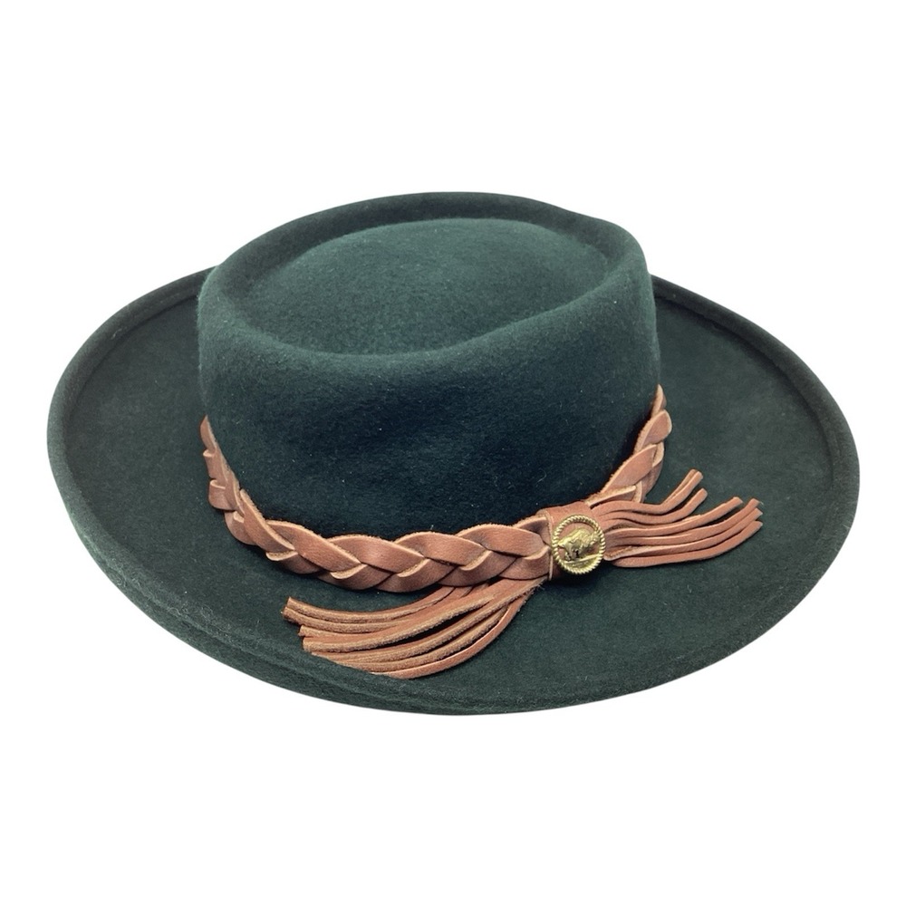 Toucan Collection New York Green Wool Western Fedora Hat Leather Braid